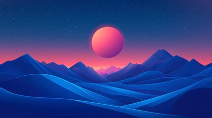 Poster - Stylized digital art of a vibrant sunset over rolling hills and mountains under a starry night sky.
