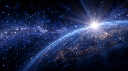 Wall Mural - the sight of a blue sunrise, accompanied by a view of earth from space and the milky way galaxy