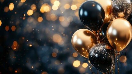 Aufkleber - Elegant black and gold balloons against a bokeh background.