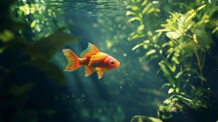 Poster - Underwater scene of a goldfish swimming among aquatic plants.