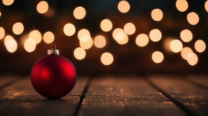 Poster - Red Christmas bauble on rustic wooden surface with bokeh lights.