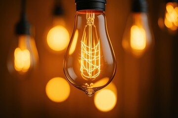 Fototapete - single lit bulb hanging from string of unlit bulbs against dark background.