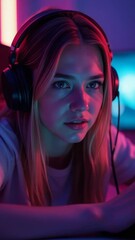 Poster - young woman with headphones focused on computer screen