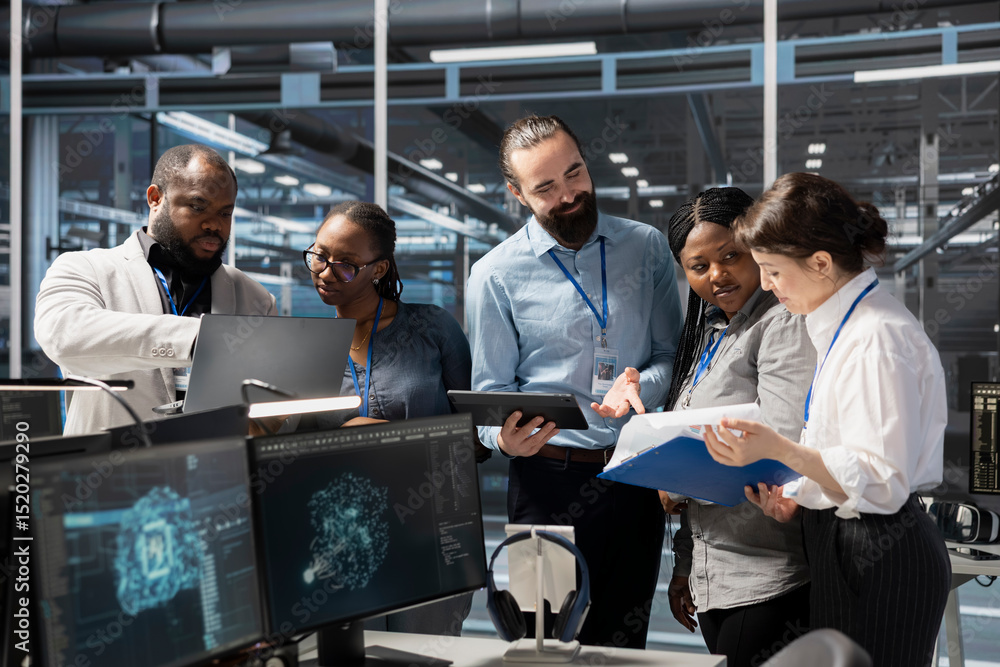 Engineering team working together in data center with artificial ...