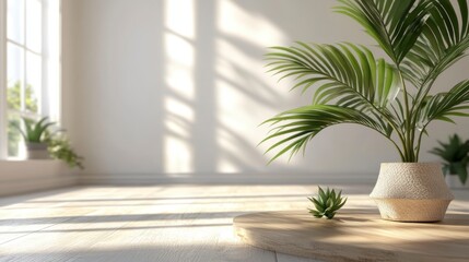Poster - Sunlit minimalist room interior with potted plants on wooden tray.
