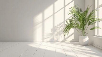 Poster - Sunlit minimalist room interior with potted palm plant, white walls, and wooden floor.