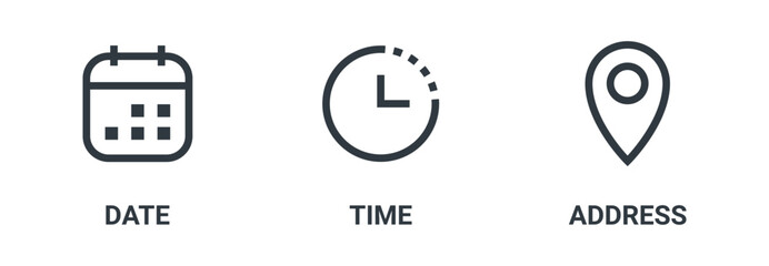 Aufkleber - Address location icon. Stopwatch timer icon. Date Calendar icon - Web icons set