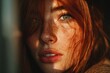 © whitestorm - Close-up portrait of a stunning redhead woman with green eyes and freckles, bathed in soft, warm light, showcasing her natural beauty and captivating gaze.