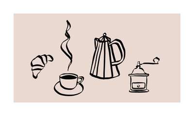 Aufkleber - Coffee set in hand drawn doodle style. Retro whimsical symbols for cafeteria menu and business breakfast invitation. Trendy and cute art for social media. La dolce vita vector illustration
