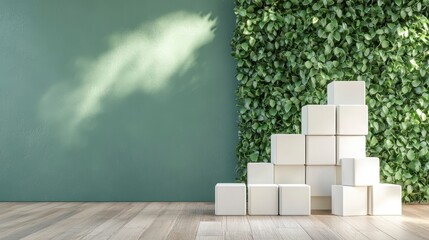 Poster - White cubes stacked against a green wall with a leafy backdrop.
