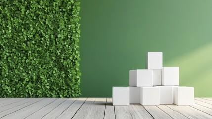 Poster - Green wall, white cubes on wooden floor, sunlight.