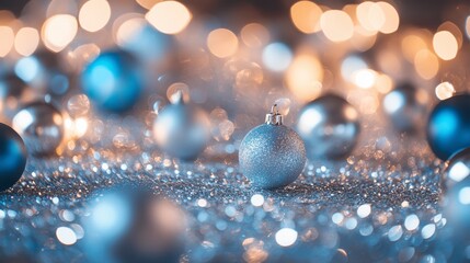 Poster - Silver and blue Christmas baubles on sparkling surface with bokeh lights.