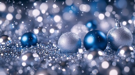 Poster - Blue and silver Christmas baubles on glitter, bokeh background.