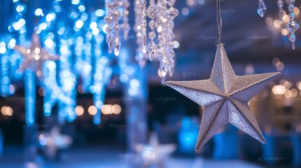 Poster - Close-up of a silver star ornament hanging amidst blue lights and crystal strands.