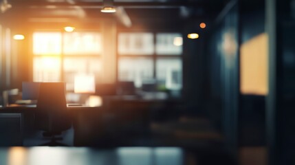 Poster - Blurred sunlit modern office interior with desks and computers.