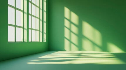 Poster - Sunlit green room corner with large window casting shadows on wall and floor.
