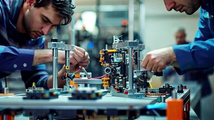 Leinwandbilder - Engineers collaborating on complex machinery assembly in a high-tech manufacturing facility