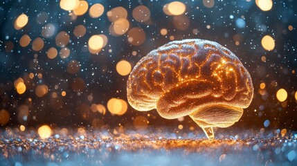 Aufkleber - Glowing human brain model on sparkling surface with bokeh background.