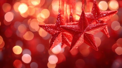 Poster - Red glitter stars hanging against a bokeh background.
