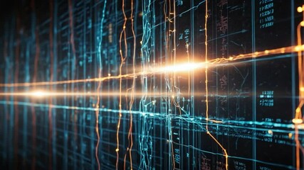Dynamic digital grid with glowing lines and data visualizations representing technological connectivity
