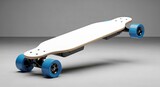 Generic longboard isolated on a white background showing a wooden deck with blue wheels and black mechanical components.