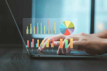 Aufkleber - Colorful chart graphs and pie diagram hovering over hands typing on laptop for business analytics