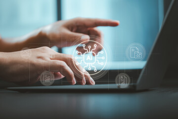 Fototapete - Hands typing on keyboard with futuristic AI chip icon and business document analysis overlay
