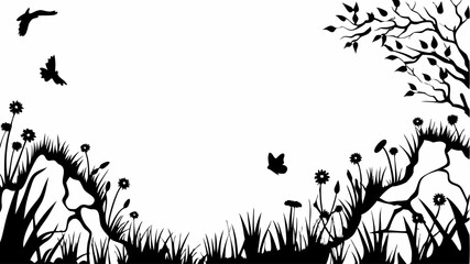 Silhouette landscape with birds flying over grass flowers and a tree branch in black and white style editable vector eps,ai