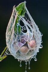 A mesmerizing close up view of a spider s web draped in glistening dew droplets clinging to the intricate strands and reflecting the natural beauty of the surrounding plant life
