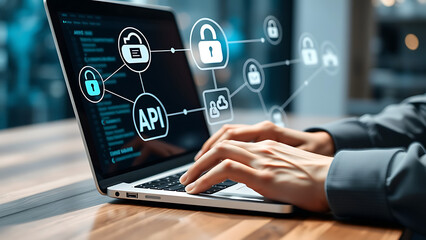 api application programming interface concept a person types on laptop with digital icons representi