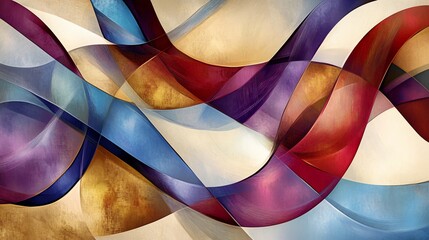 Wall Mural - abstract artwork with flowing, multicolored ribbons in shades of blue, red, purple, and gold.