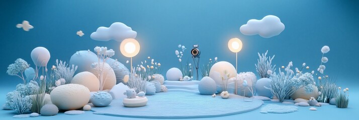 Wall Mural - surreal 3d render of a whimsical landscape with soft pastel colors, smooth shapes, and glowing light