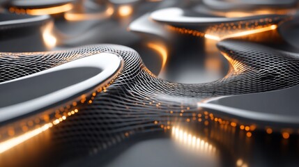 Wall Mural - abstract 3d rendering of flowing metallic surface with glowing orange lines and grid texture.