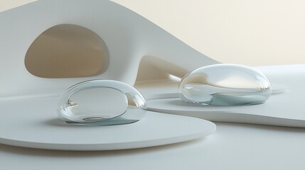 Wall Mural - two glass spheres rest on a minimalist white organic form.