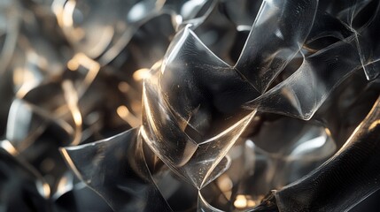 Wall Mural - abstract dark gray and gold translucent shapes, intricate interwoven texture, close-up view.