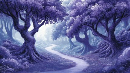 Wall Mural - serene purple forest path winding through mystical trees in a dreamy fog.