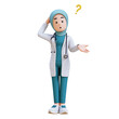 © M Novian F - 3D render muslim woman medical doctor character in a white lab coat is standing and confuse with question mark