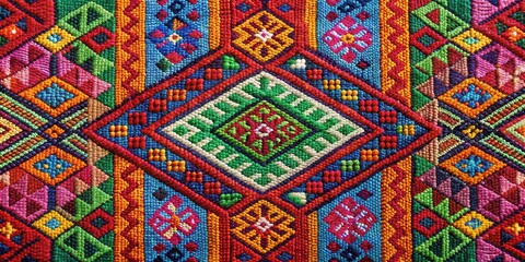 Wall Mural - A colorful woven fabric with intricate patterns and symbols, culture, harmony,  culture, harmony, fabric, music