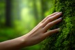 © Wall Art Galerie - A close-up of a person's hand gently touching the moss-covered bark of a tree in a lush, green forest. The background is softly blurred, highlighting the connection with nature.