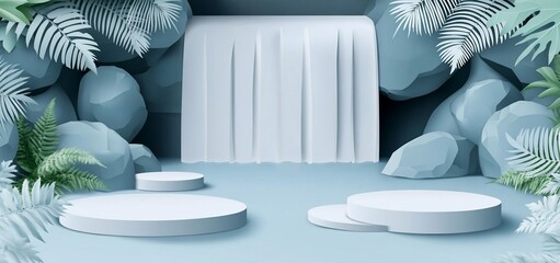 Wall Mural - 3d rendering of serene waterfall scene with pastel blue podiums and lush greenery.
