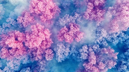 Wall Mural - aerial view of pastel pink and blue forest shrouded in mist.