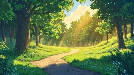 Wall Mural - sunlit path winding through a lush green forest with wildflowers.