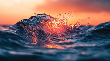 Wall Mural - vibrant sunset illuminating a breaking ocean wave, showcasing water texture and color.