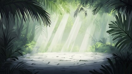 Wall Mural - sunbeams illuminate a jungle clearing, creating a mystical atmosphere. lush vegetation surrounds a c