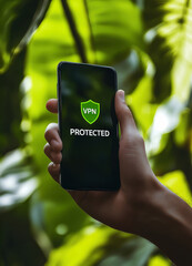 Wall Mural - male hand holding phone with app vpn protected on the screen.