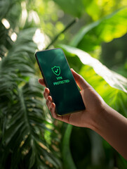 Wall Mural - male hand holding phone with app vpn protected on the screen.