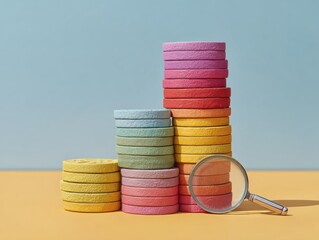 Aufkleber - Colorful Coin Stacks with Magnifying Glass Showing Decreasing Financial Trends for Business Analysis and Commission Sales Evaluation