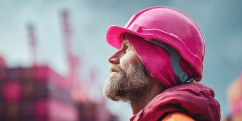 Poster - International dockworker in pink safety helmet supervising container crane operation at busy port, symbolizing efficient global maritime logistics and controlled cargo handling