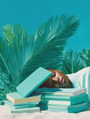 Aufkleber - Modern academic burnout concept with tired student resting on pastel books against tropical leaves, highlighting study stress and wellness balance