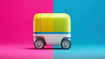 Poster - Compact autonomous delivery robot with sleek modern design and navigation sensors on vibrant split-color background for innovative logistics marketing